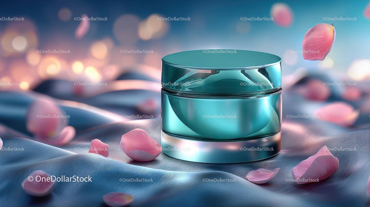JPG mockup image for Glass Container with Floating Rose Petals in Tranquil Setting
