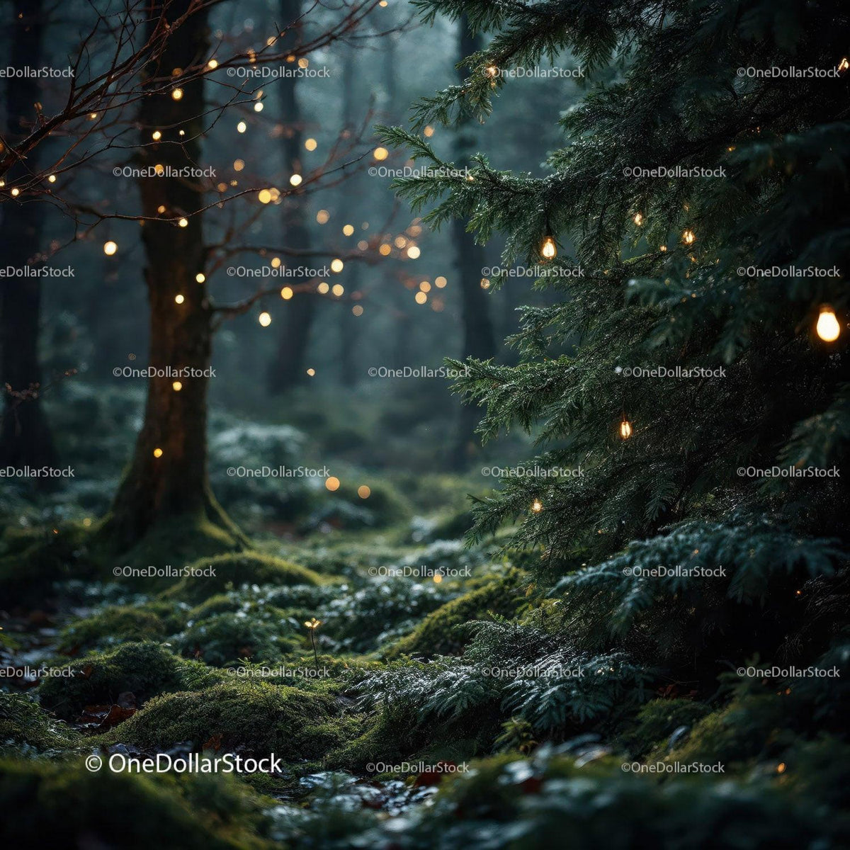Enchanted forest with glowing fairy lights at dusk