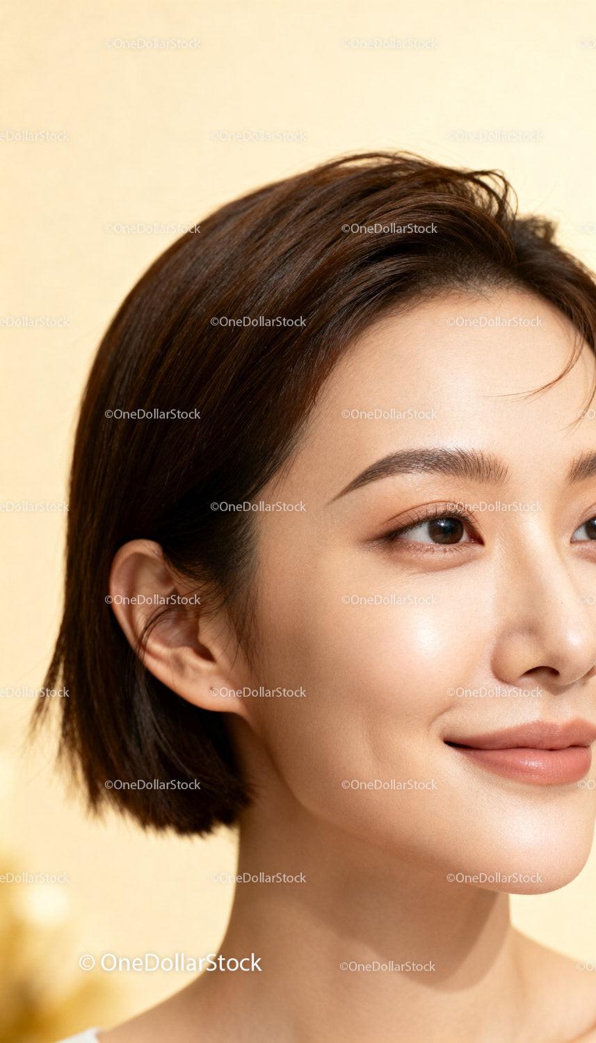 Close up of peaceful woman with natural makeup