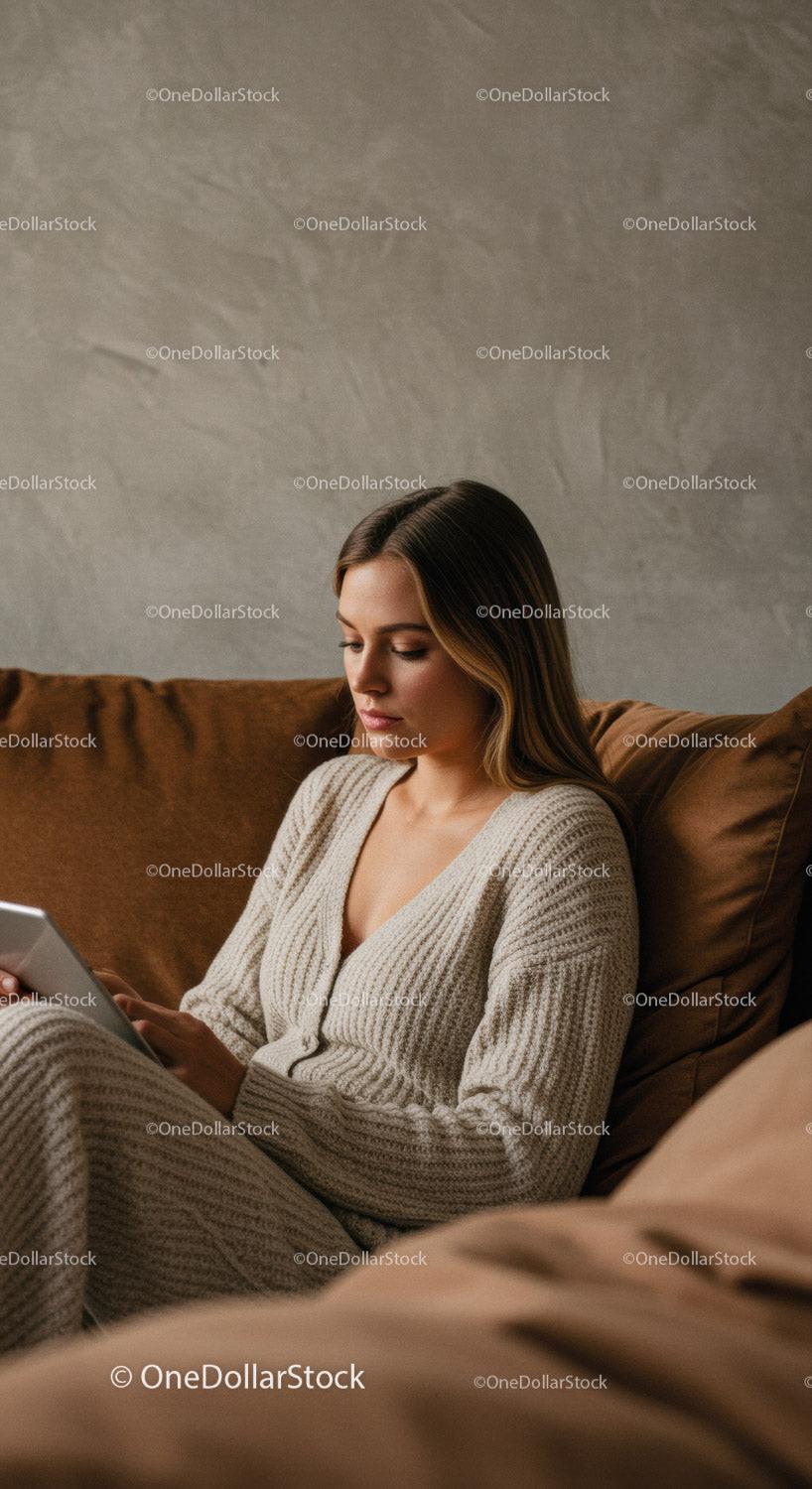 Relaxed Woman Sitting on Couch Using Tablet in Cozy Home Setting