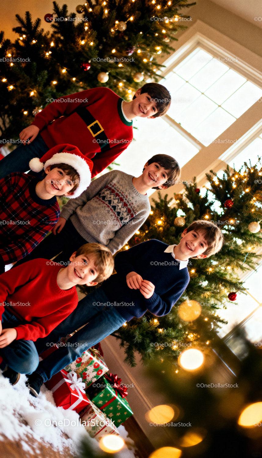 Joyful Boys Gathering Near Festive Christmas Tree