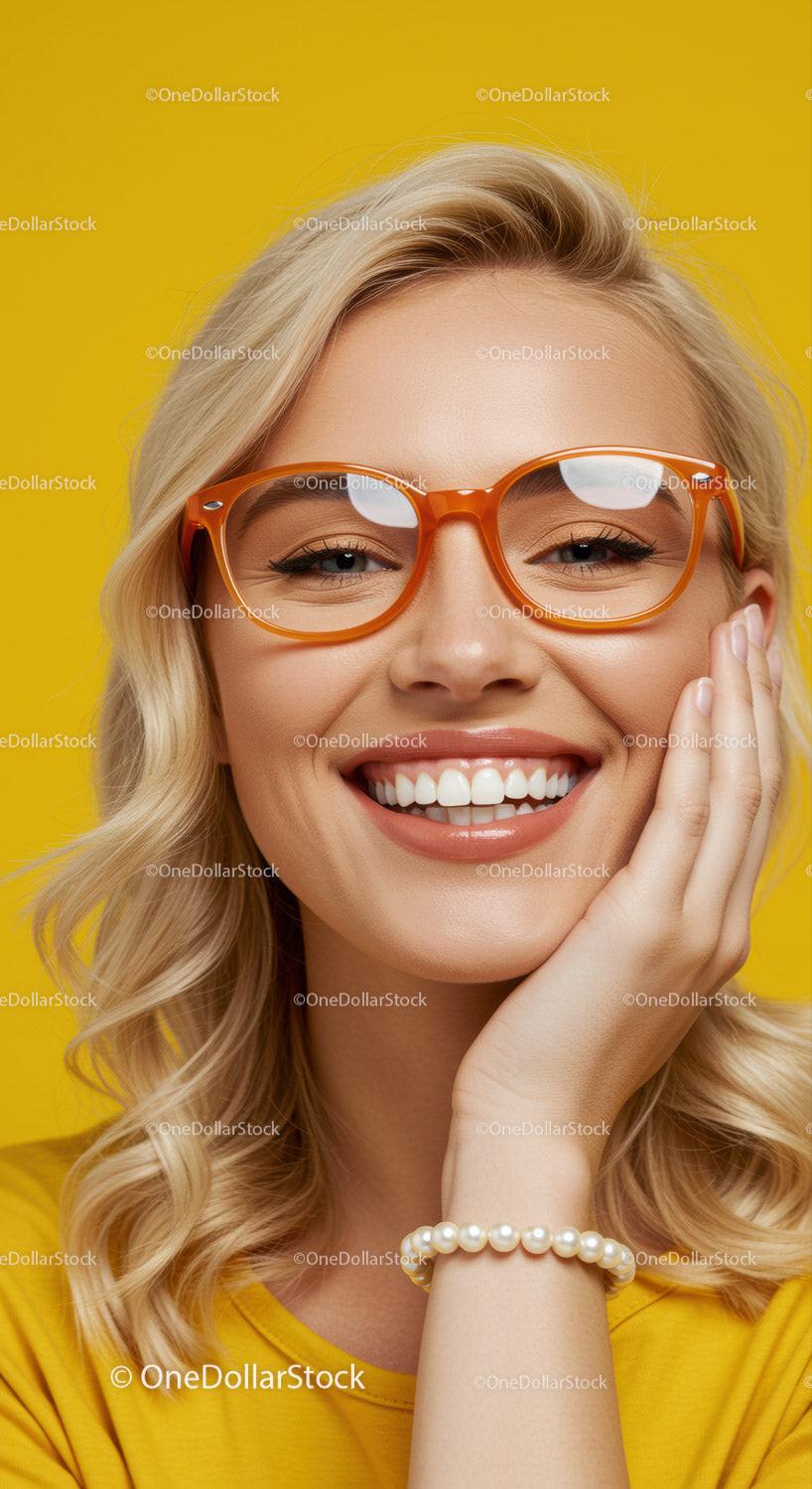 Smiling woman with orange glasses and pearl bracelet