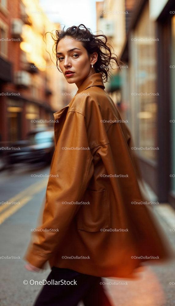 Chic Woman in Brown Coat Walking Through Busy City Street Stock Photo Bundle preview 20