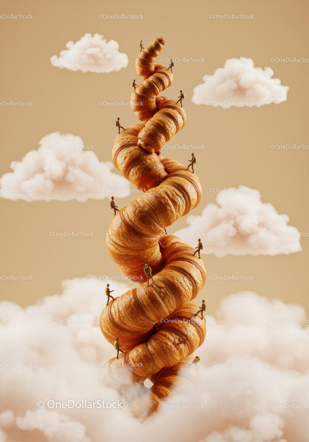 Miniature hikers climbing spiral croissant tower in clouds