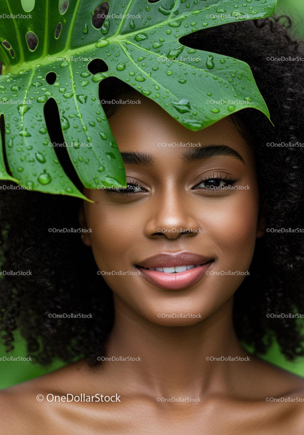 Close-Up of a Smiling Woman with Tropical Leaf and Water Droplets