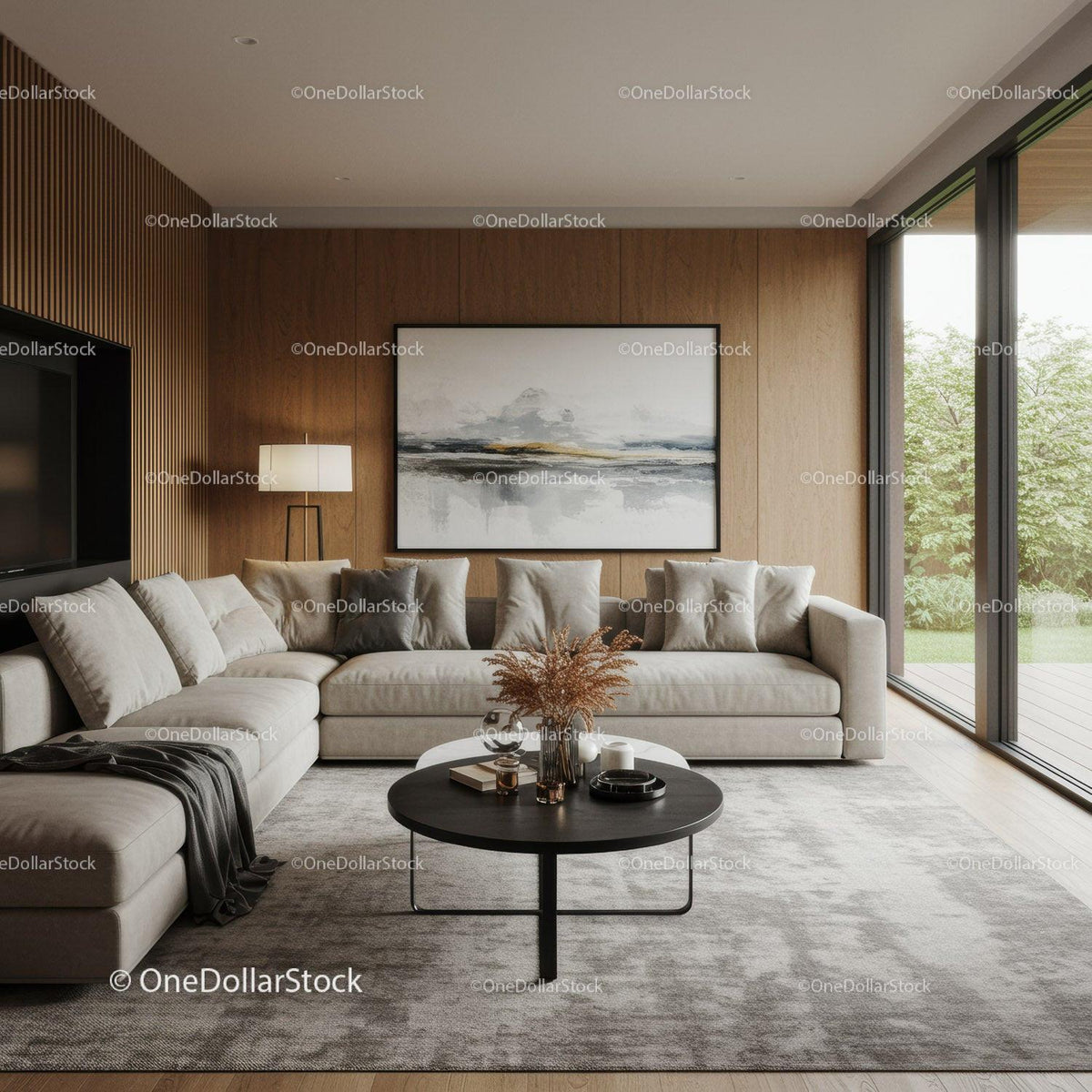 Modern Minimalist Lounge with Neutral Decor and Large Windows