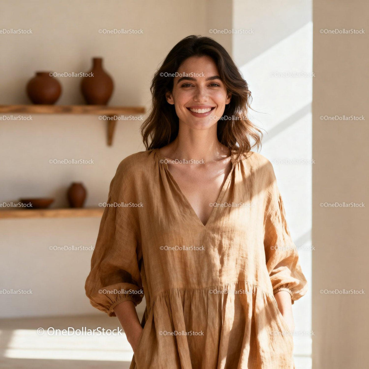 Smiling woman in casual beige dress indoors