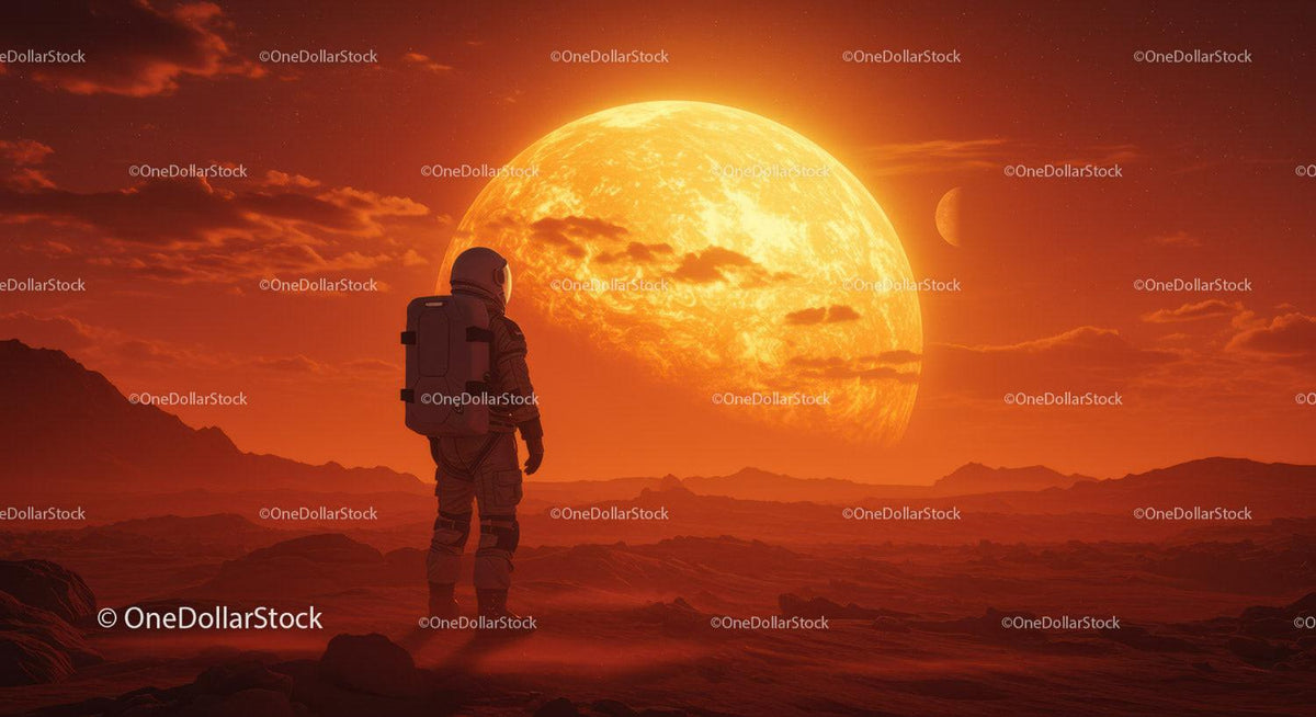 Astronaut Standing on Alien Planet with Large Sun Setting Behind Stock Photo Bundle preview 18