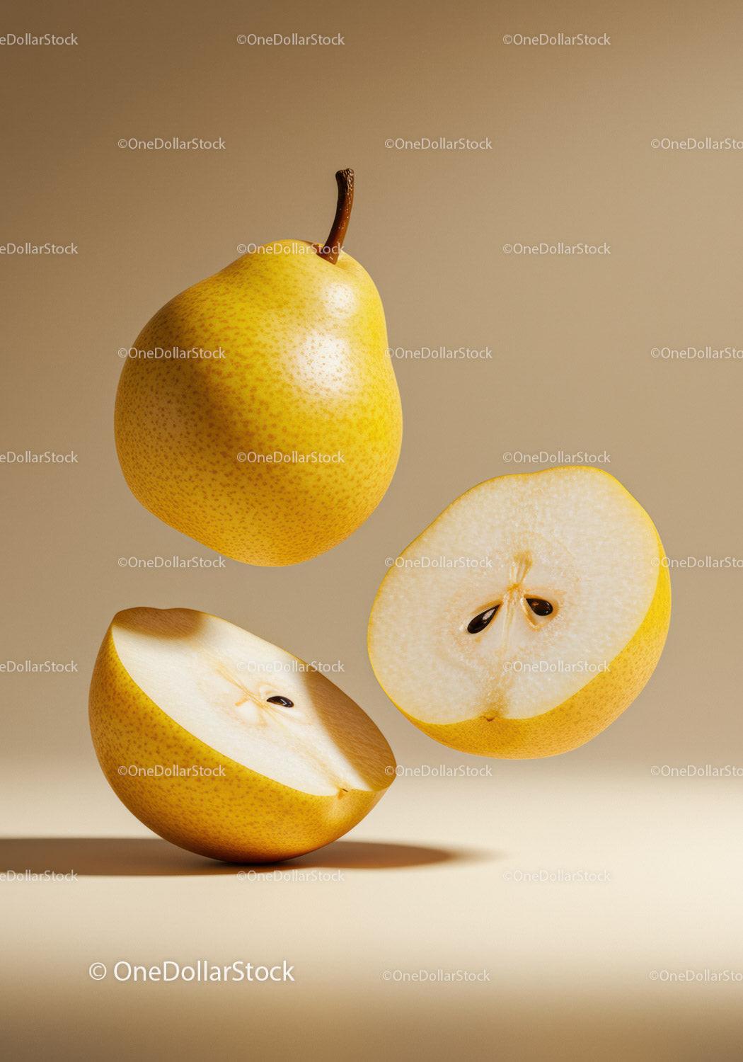 Fresh whole and sliced yellow pears with seeds
