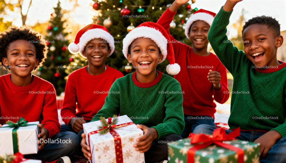 Group of kids celebrating Christmas with gifts and smiles