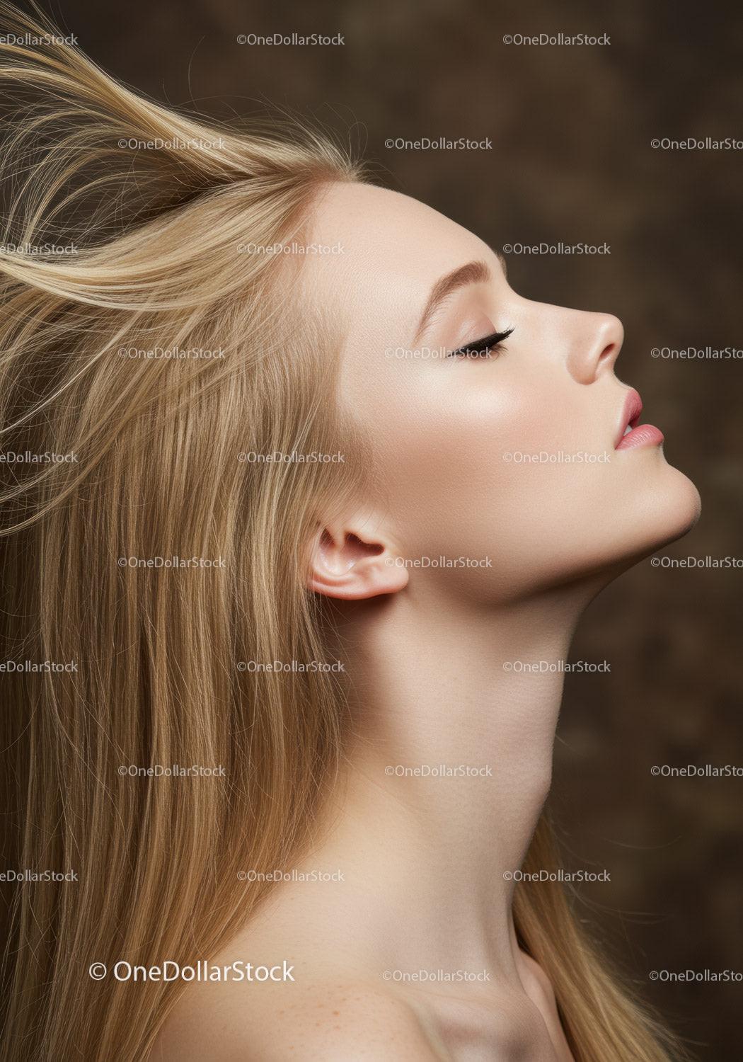 Profile of a serene young woman with flowing blonde hair