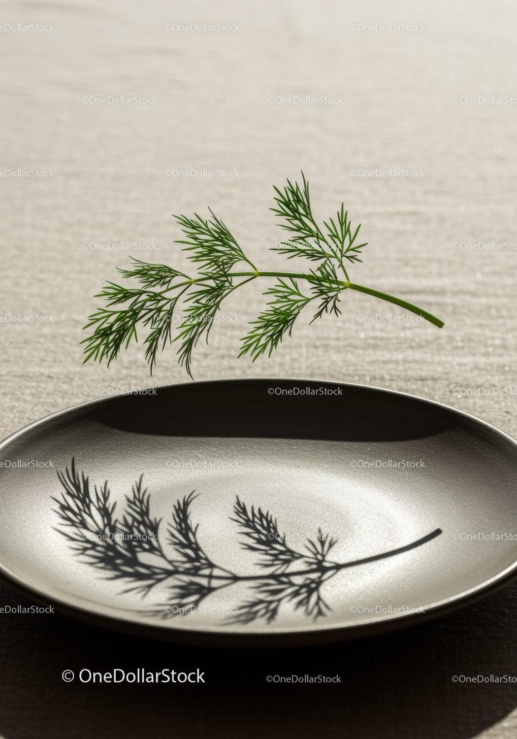 Fresh dill casting delicate shadow on ceramic plate