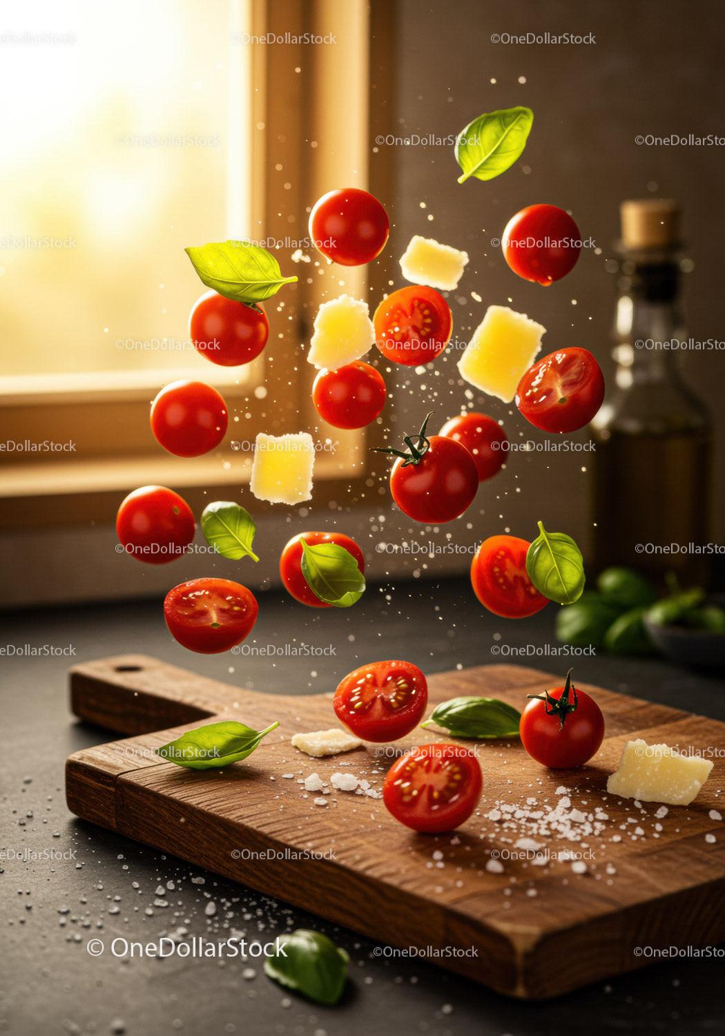 Fresh ingredients floating over wooden cutting board