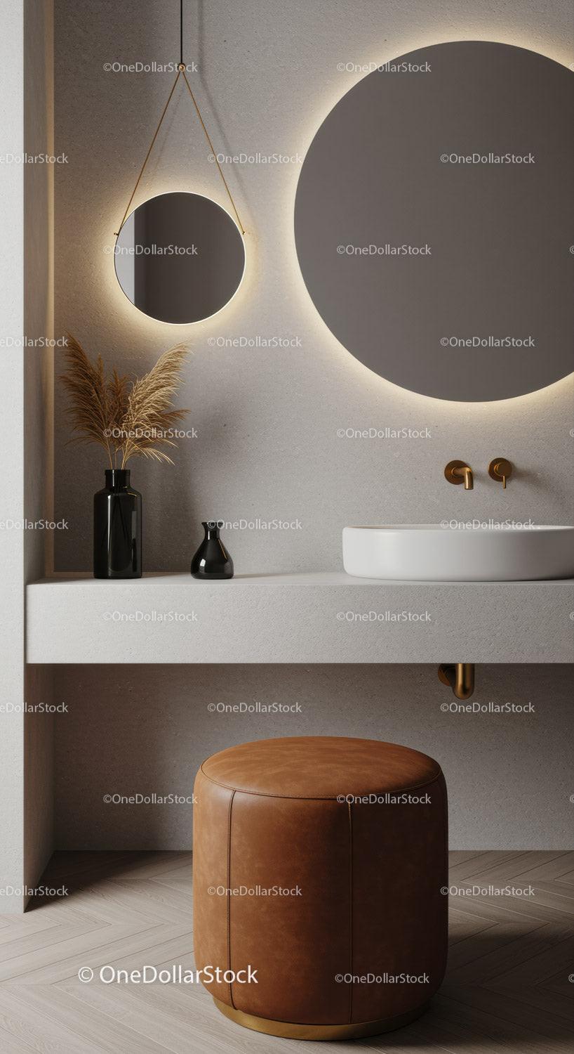 Modern Bathroom Interior with Round Mirrors and Warm Lighting
