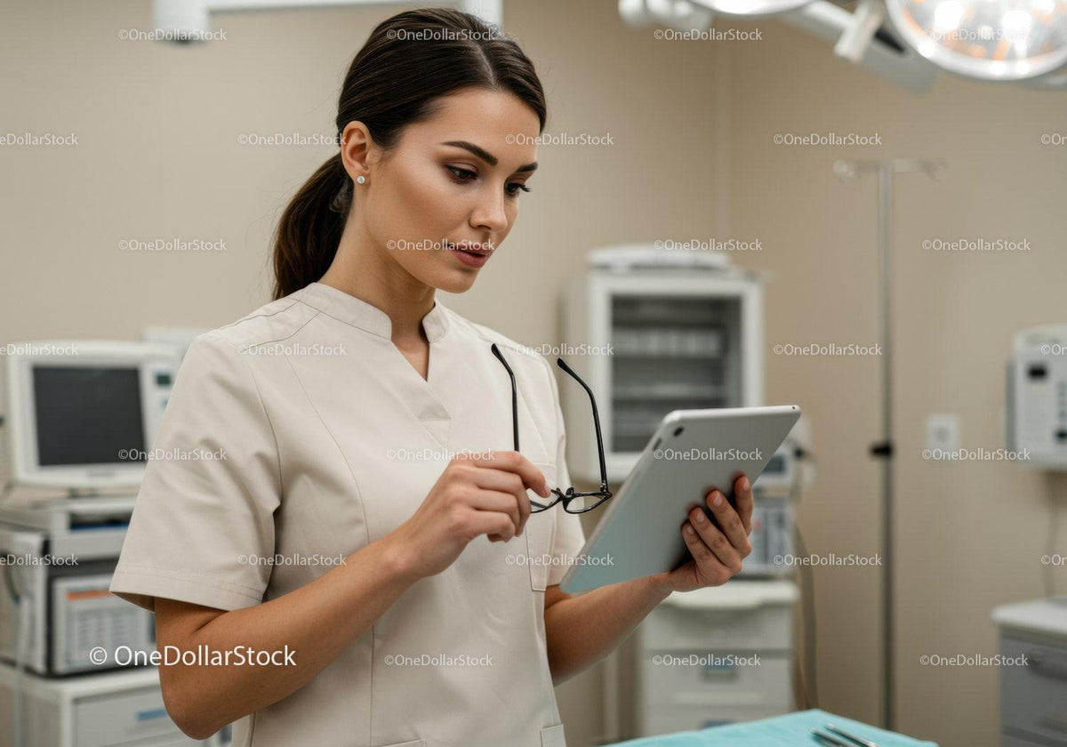Healthcare Professional in Hospital Using Tablet with Medical Equipment
