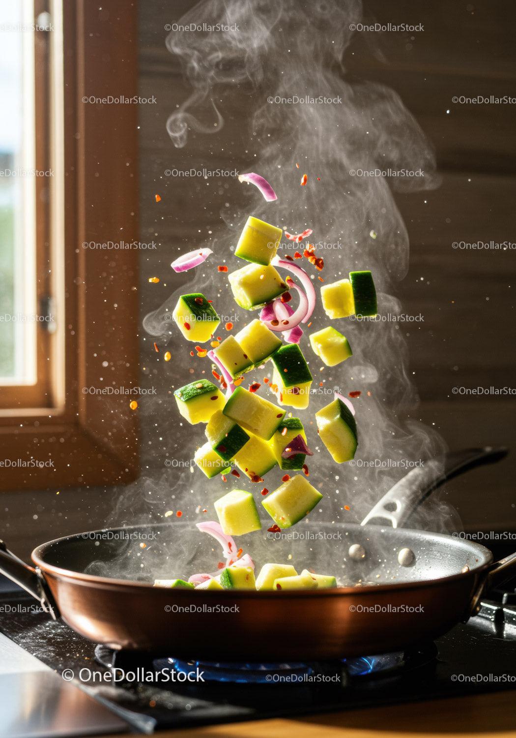 Fresh vegetables sizzling in a hot pan with steam