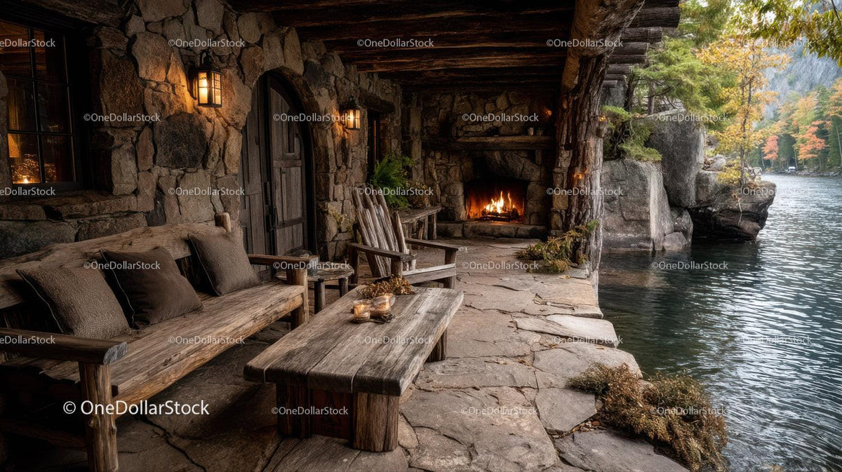Rustic Lakeside Porch with Fireplace and Autumn Foliage