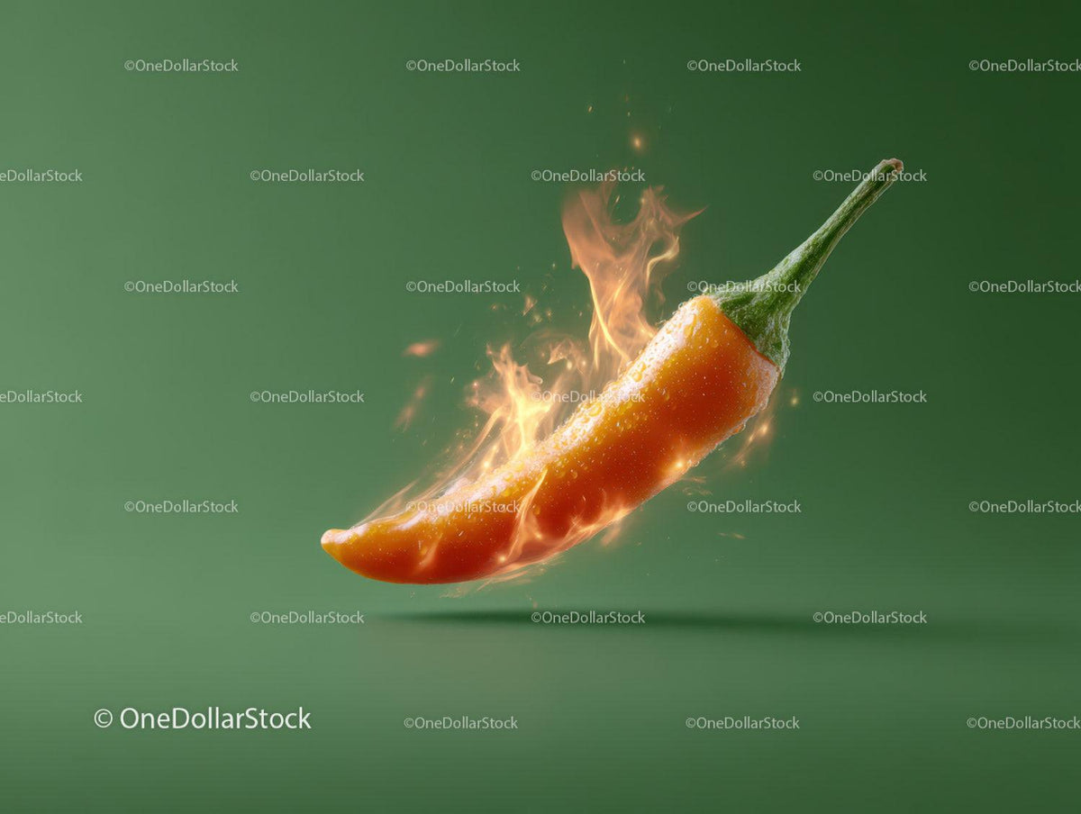 Fiery Orange Chili Pepper with Flame Effect on Green Background