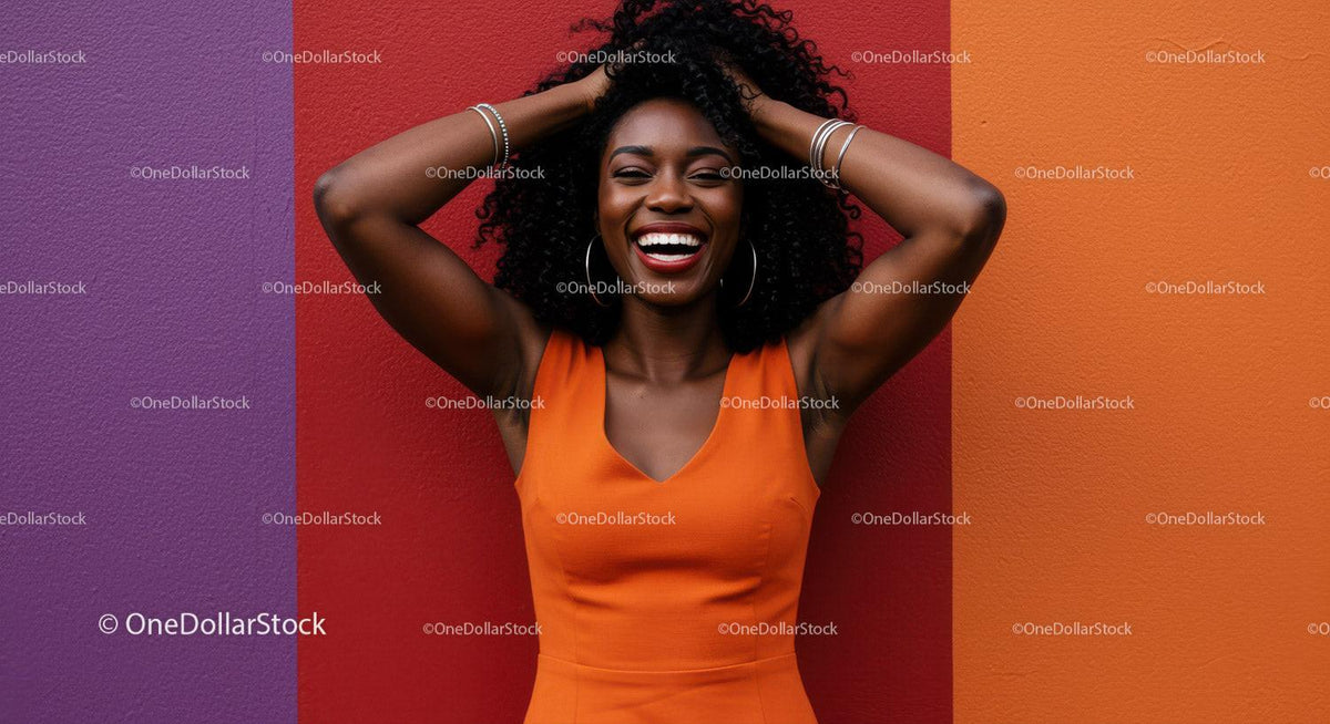Smiling Woman in Orange Dress Against Vibrant Colorful Wall