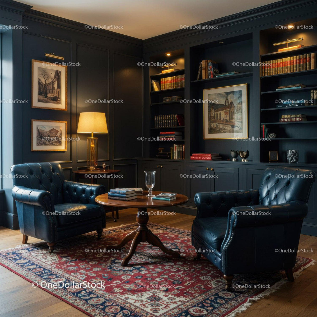 Cozy classic reading nook with leather armchairs