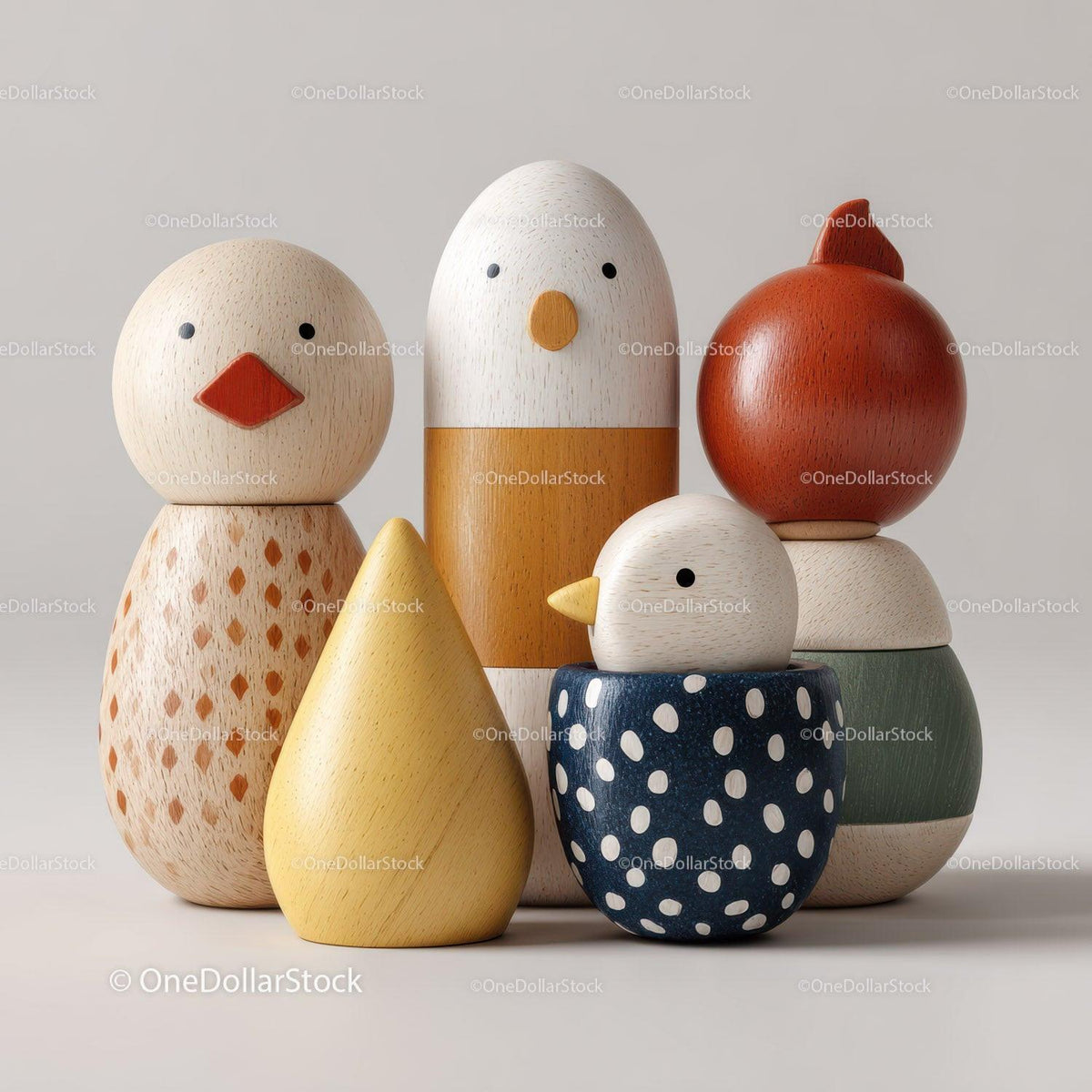 Set of five wooden decorative bird shapes and abstract figures in earth tones