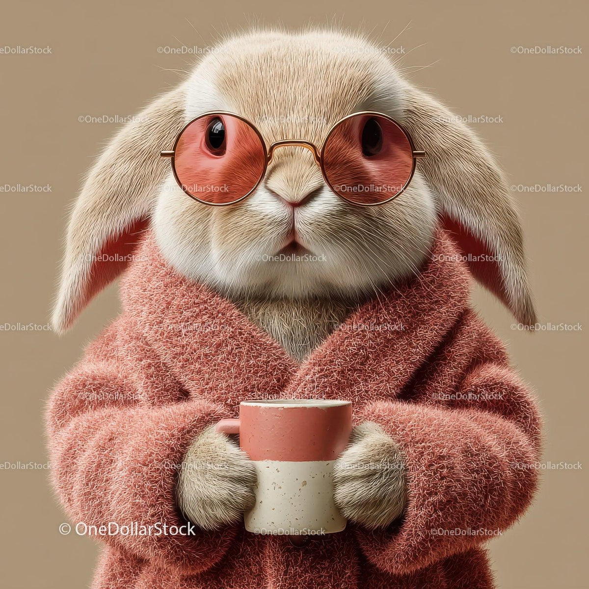 Cute Bunny Wearing Sunglasses and Cozy Pink Sweater Holding Coffee Mug Stock Photo Bundle preview 28