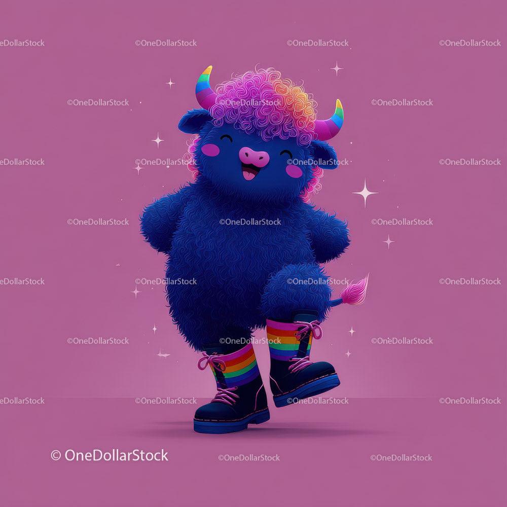 Blue fluffy bull with rainbow curly hair and colorful horns wearing rainbow socks and black boots on pink background with stars