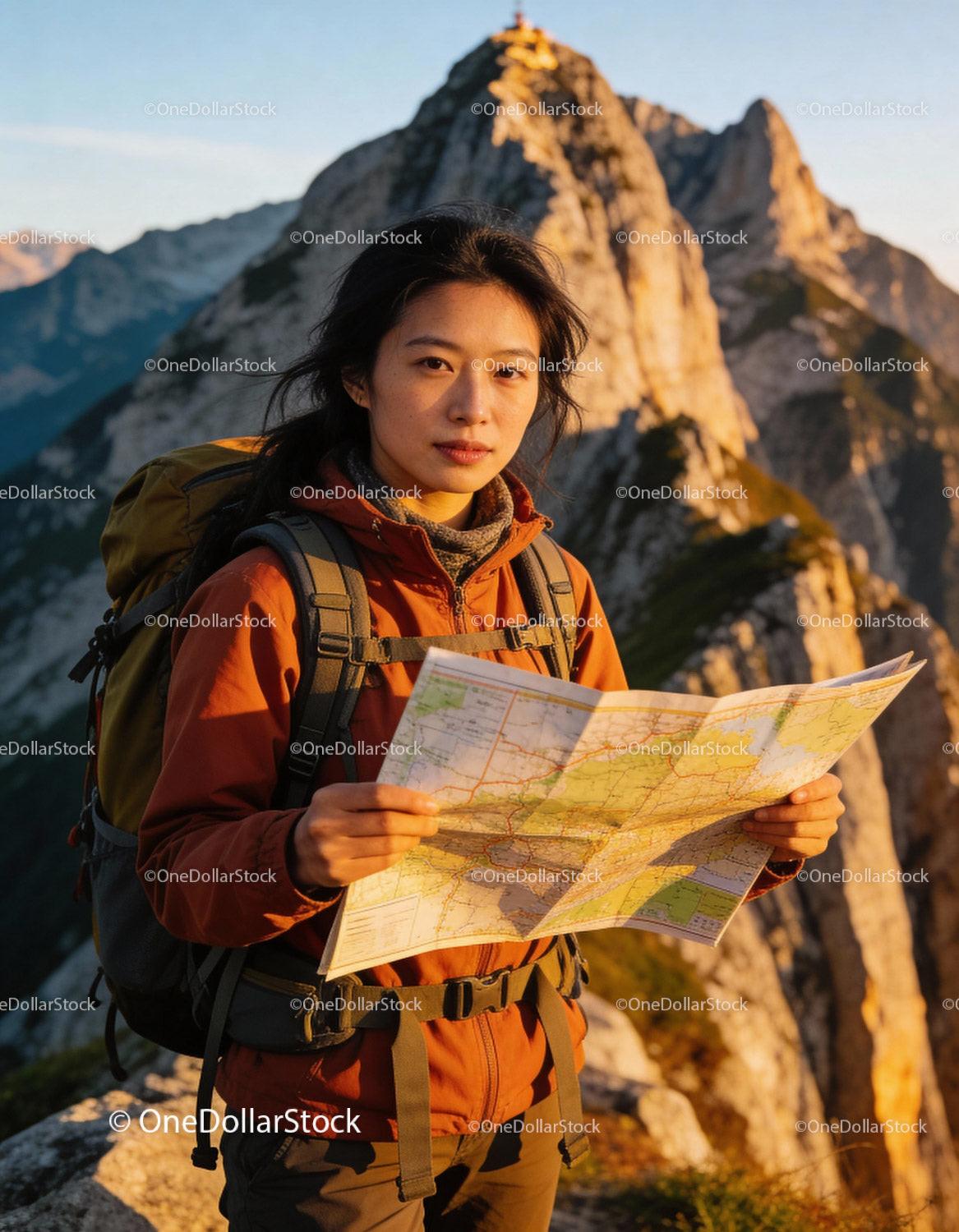 Solo female hiker consulting map at mountain peak
