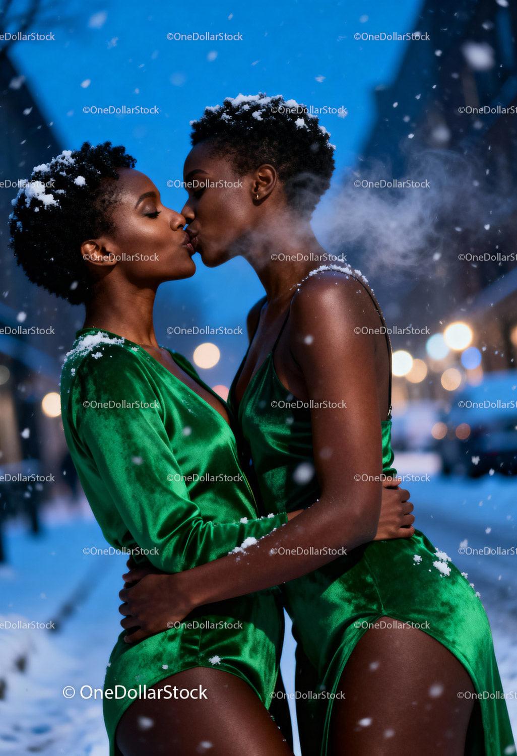 Intimate Winter Kiss Between Two Women in Green Dresses