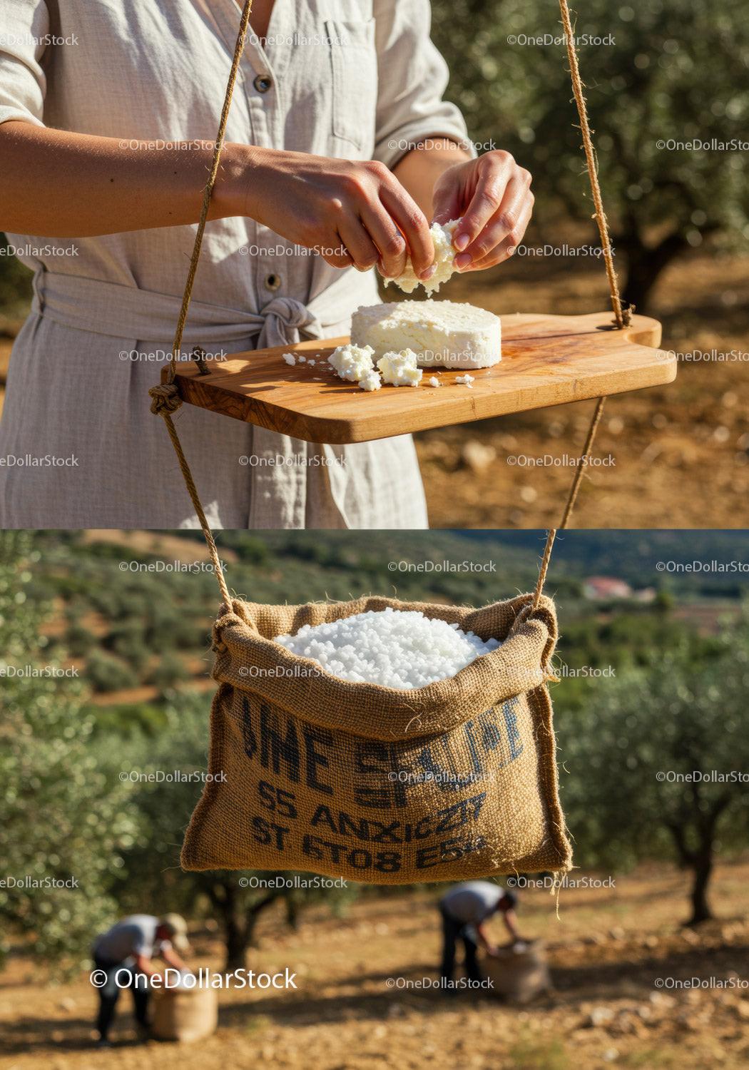 Hands Crumbling Fresh Cheese on Rustic Wooden Board