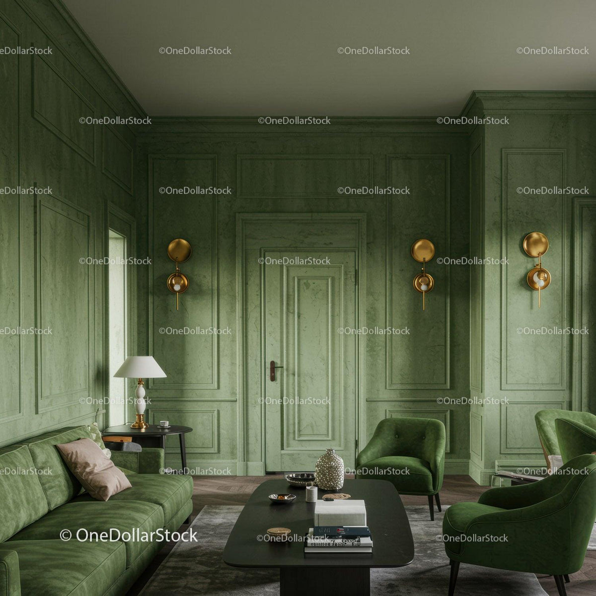 Elegant Green Living Room with Modern Velvet Sofa and Decorative Elements
