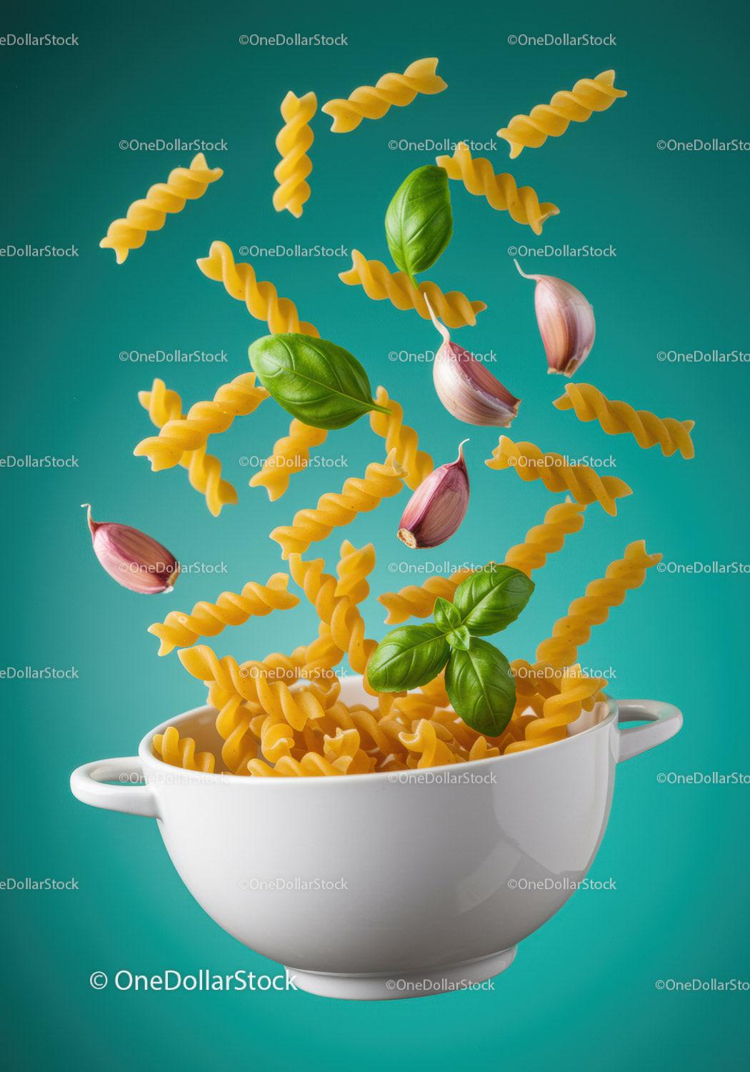 Spiral pasta with fresh basil and garlic cloves flying