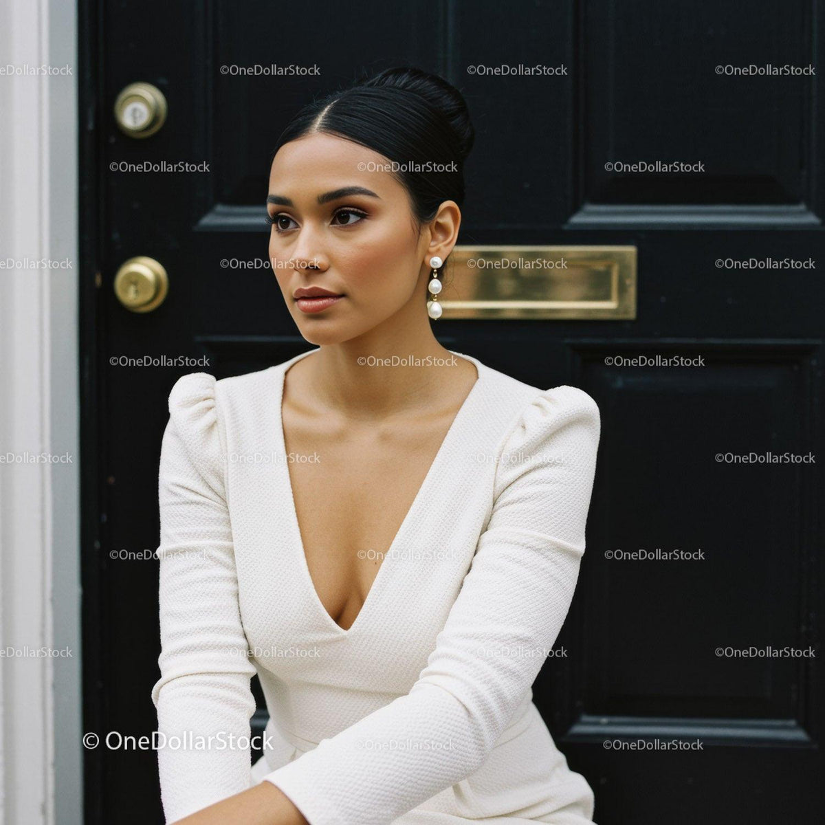 Elegant woman in white dress posing near black door