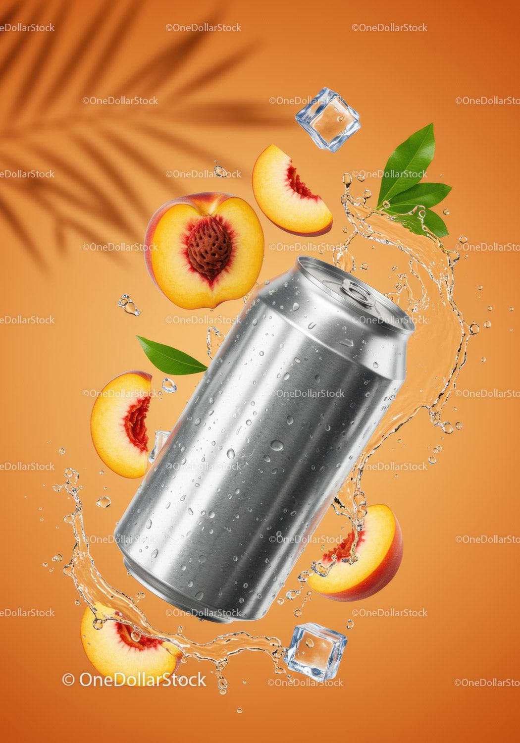 Refreshing Peach Drink Can with Splash and Ice Cubes