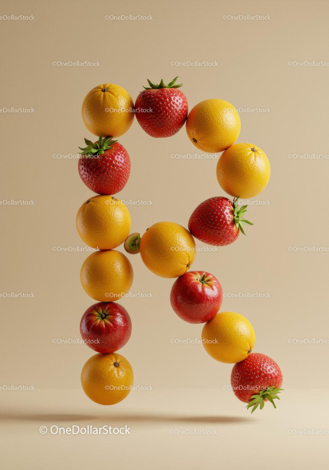 Letter R formed with fresh fruit composition