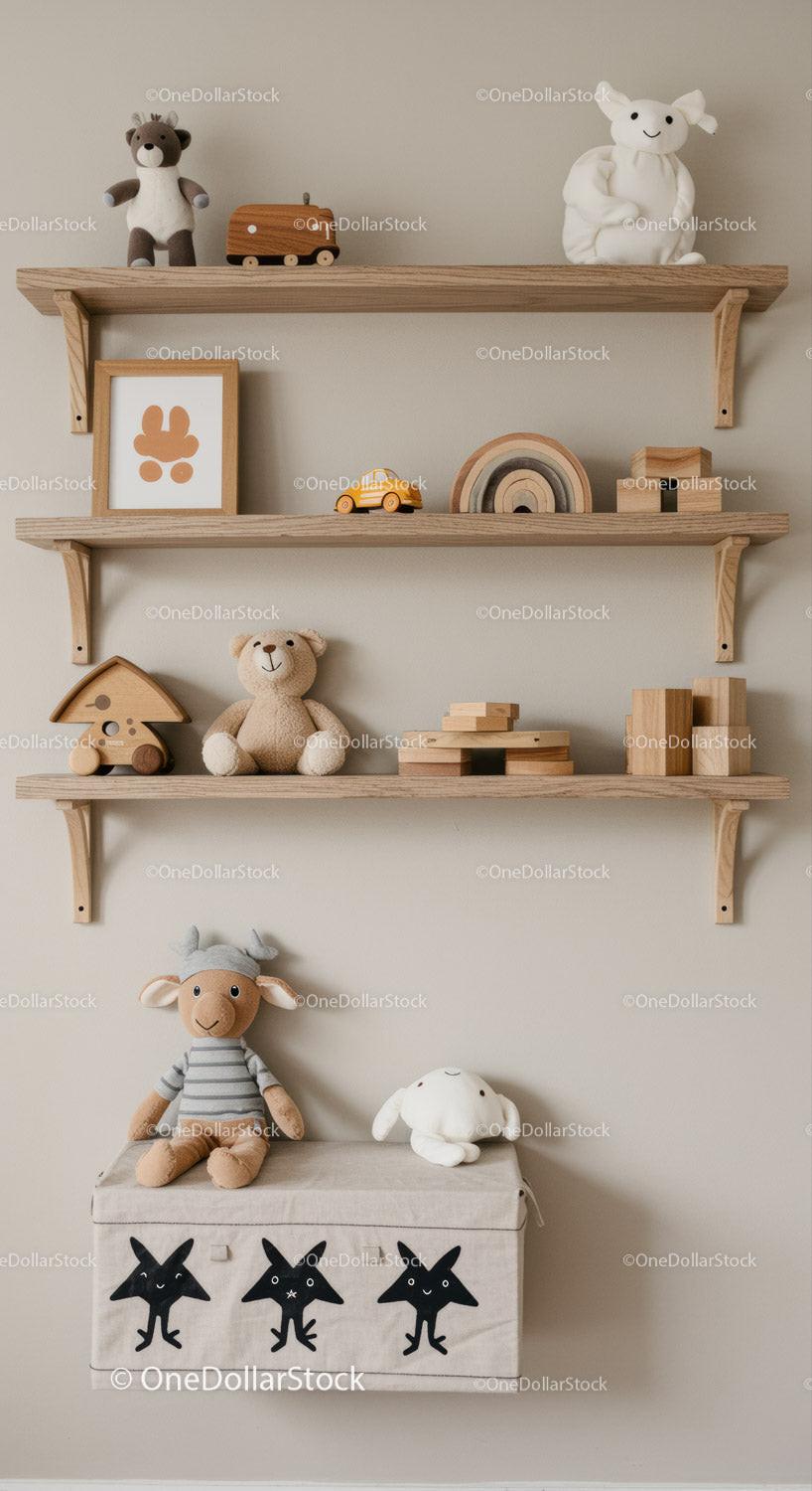 Decorative Wooden Shelves with Plush Toys and Children's Decor