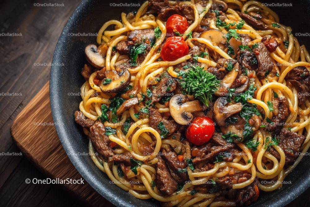 Savory Spaghetti with Beef, Mushrooms, and Cherry Tomatoes