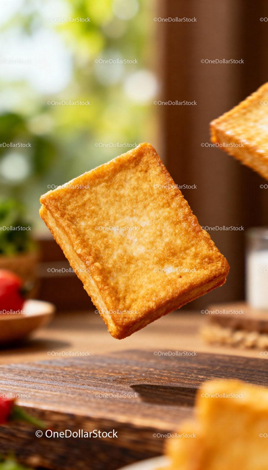 Golden crispy sandwich hovering above rustic wooden surface