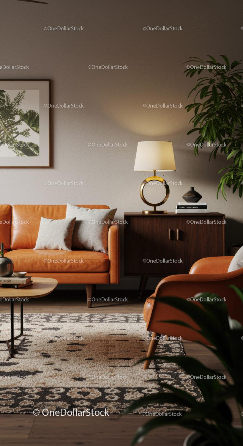 Cozy Modern Living Room with Leather Sofa and Warm Lighting