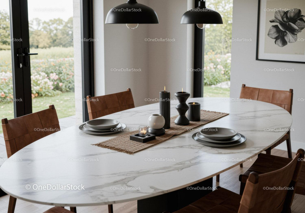 Modern Dining Room with Marble Table and Wooden Chairs