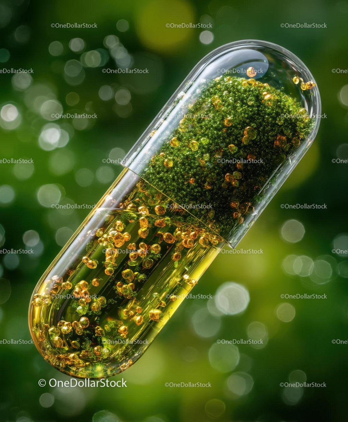 Transparent capsule with green moss and golden bubbles against green bokeh background