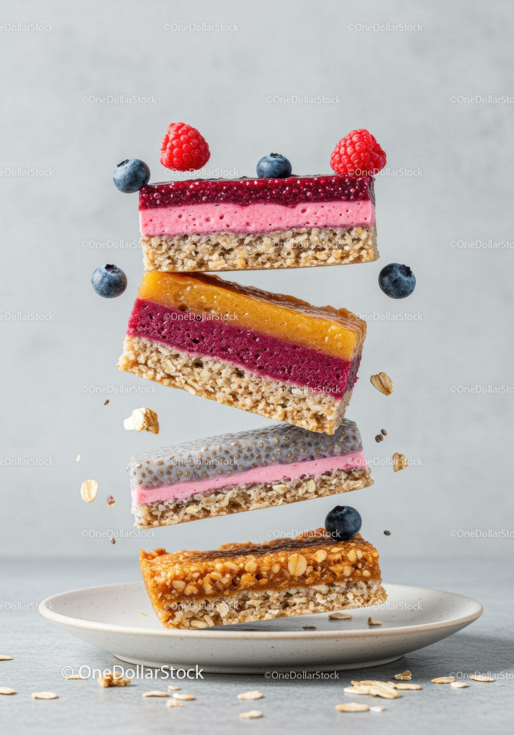 Stack of colorful layered fruit and nut bars with berries