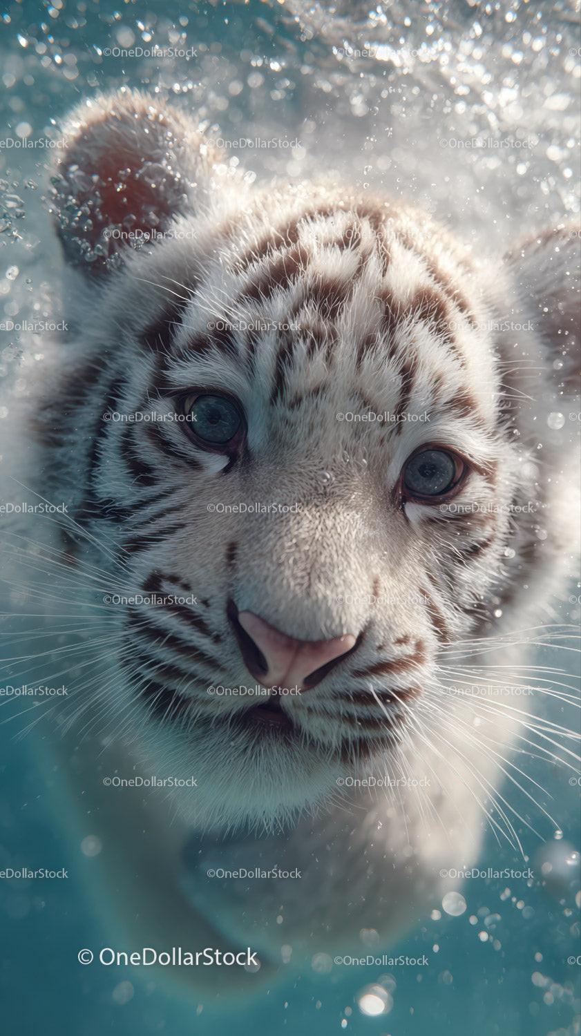 White tiger cub swimming underwater with piercing blue eyes Stock Photo Bundle preview 18
