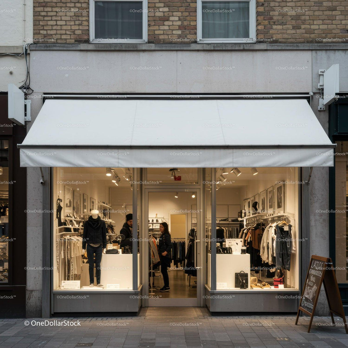 Fashion boutique storefront with customers exploring clothing JPG Mockup Image preview