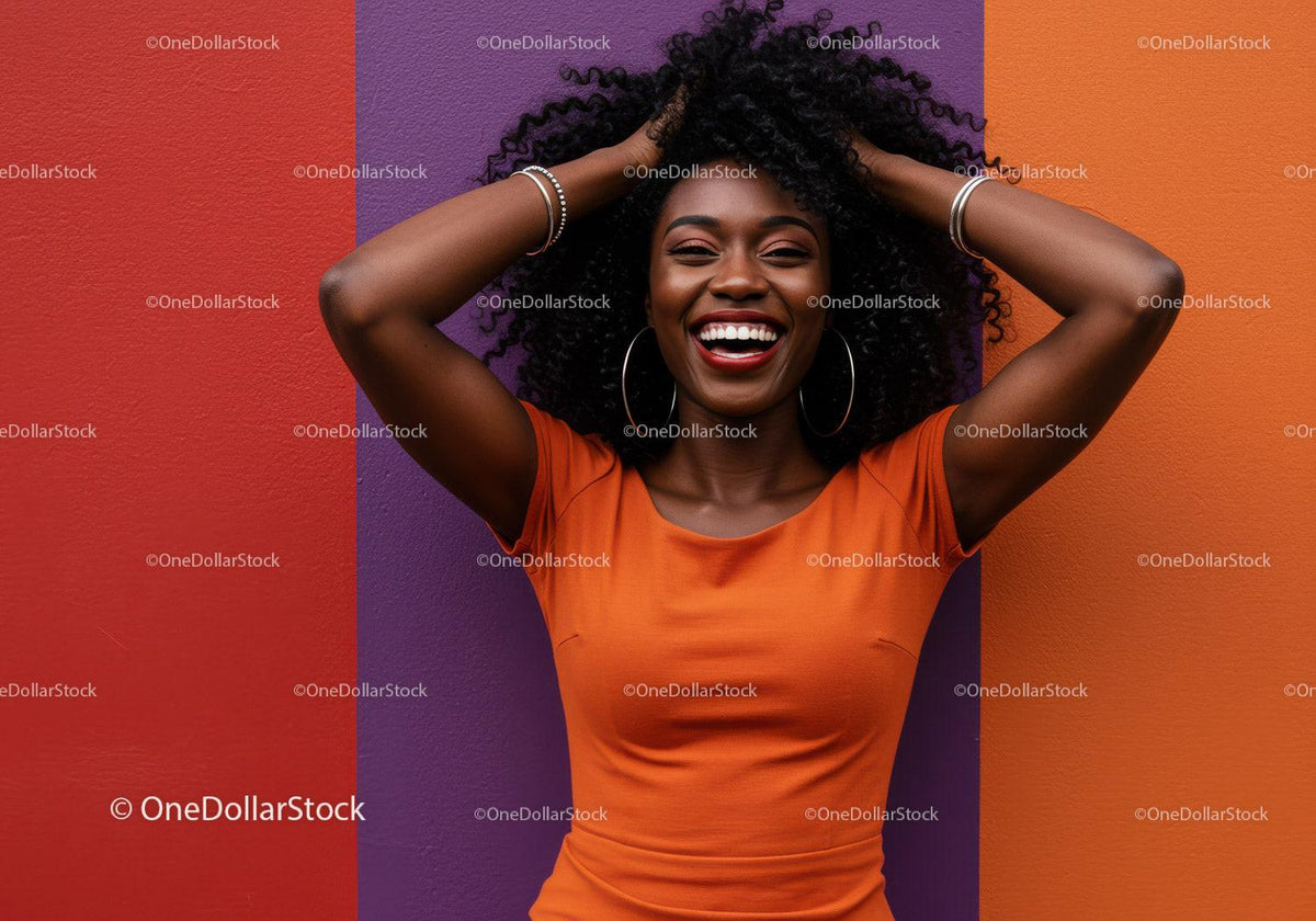 Vibrant African American Woman in Orange Top Smiling on Colorful Background