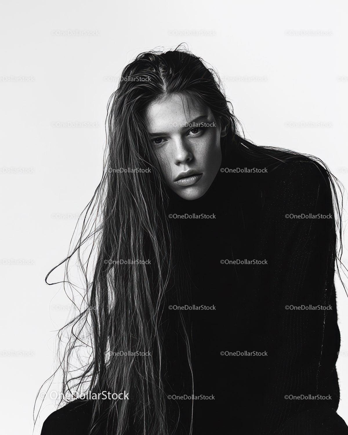 Stylish Black and White Portrait of a Woman with Wet Hair
