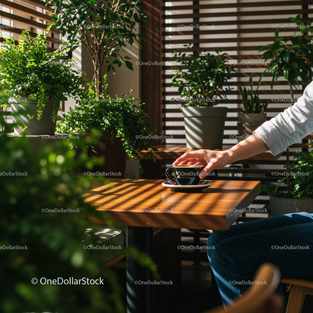 Hand Holding Coffee Cup in a Cozy Cafe Surrounded by Plants Stock Photo Bundle preview 15
