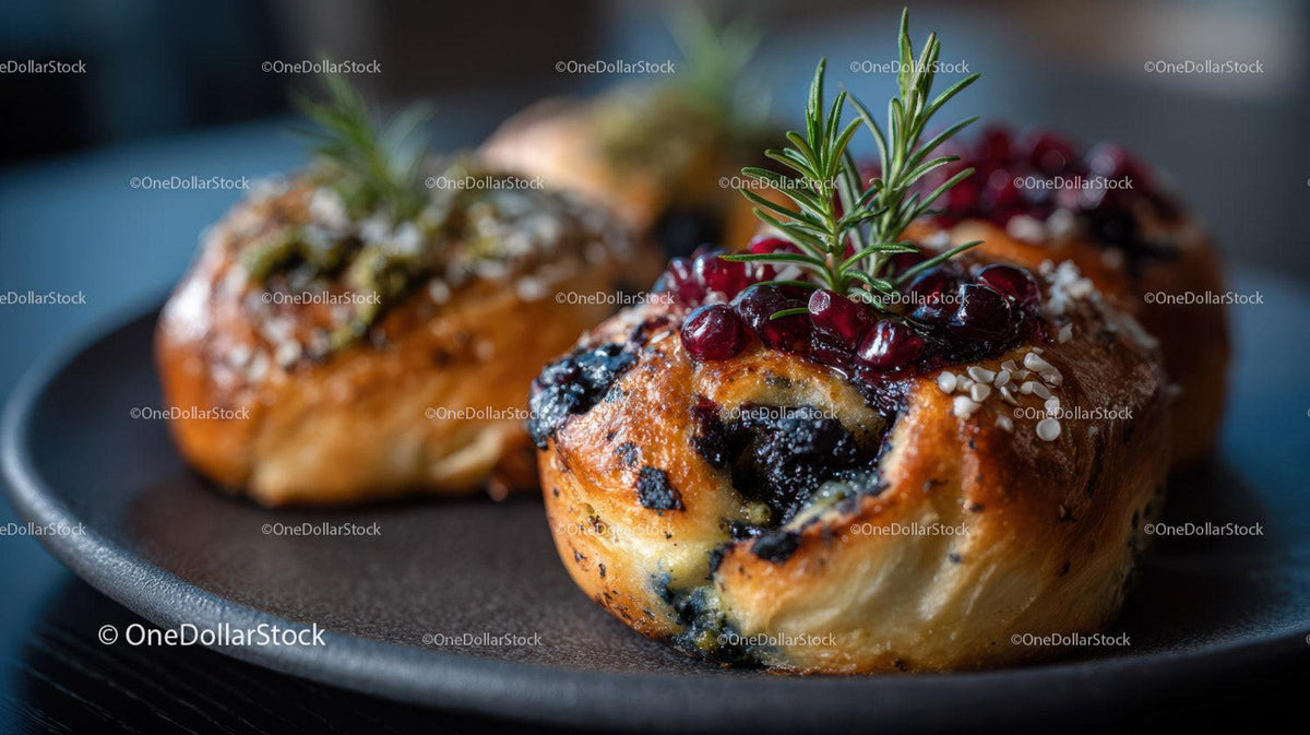 Blueberry Pastries with Red Currants and Herbs in Close-Up