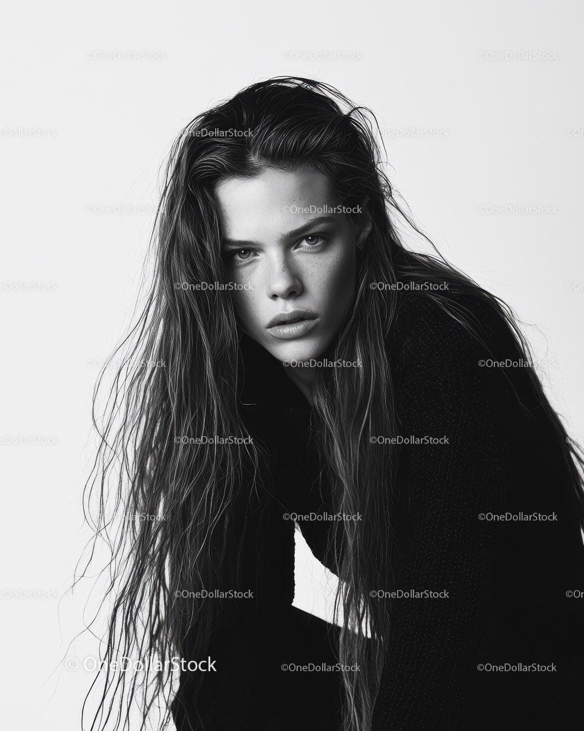 Black and White Portrait of a Young Woman with Long Wet Hair