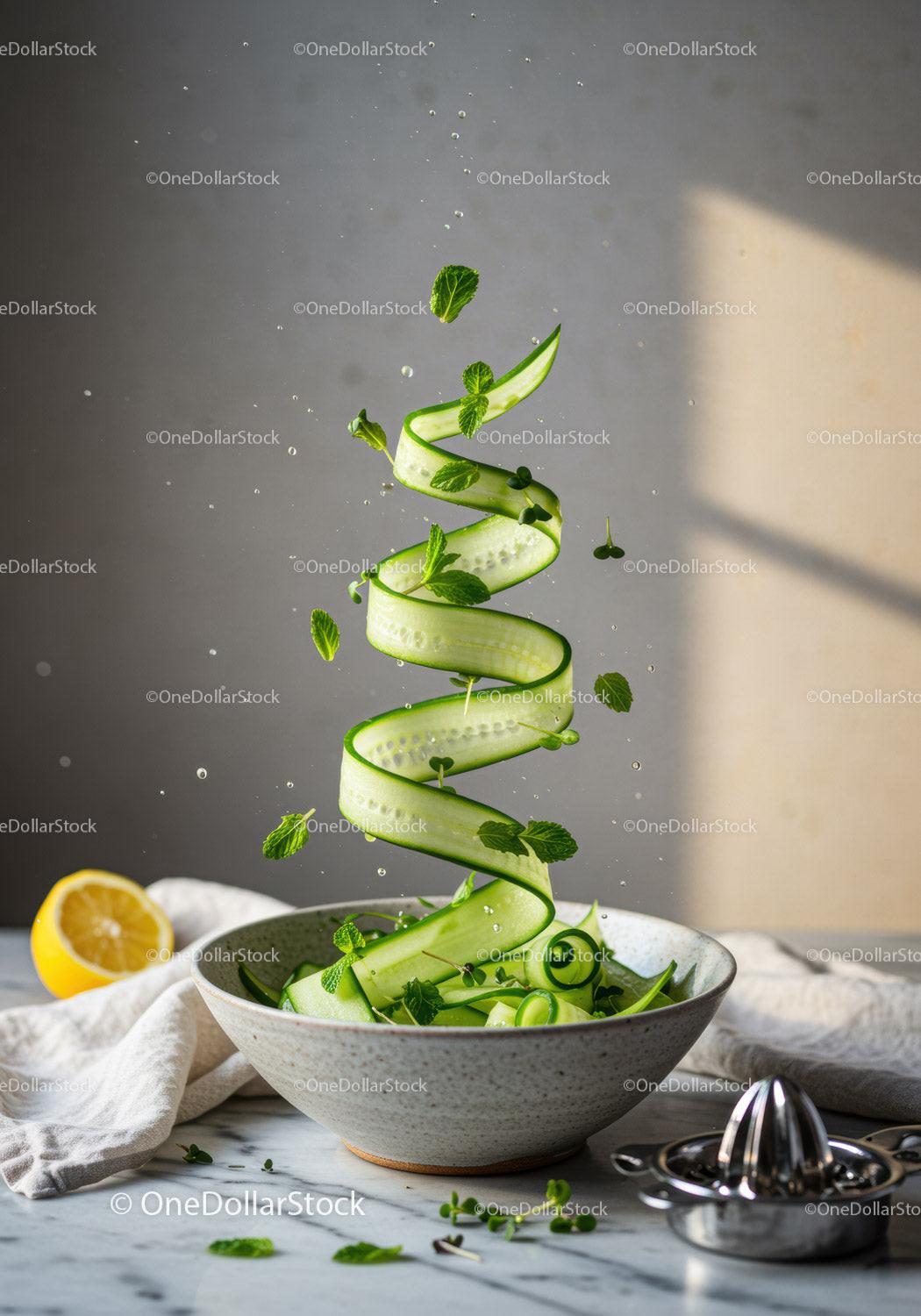 Fresh cucumber ribbons with herbs in rustic bowl